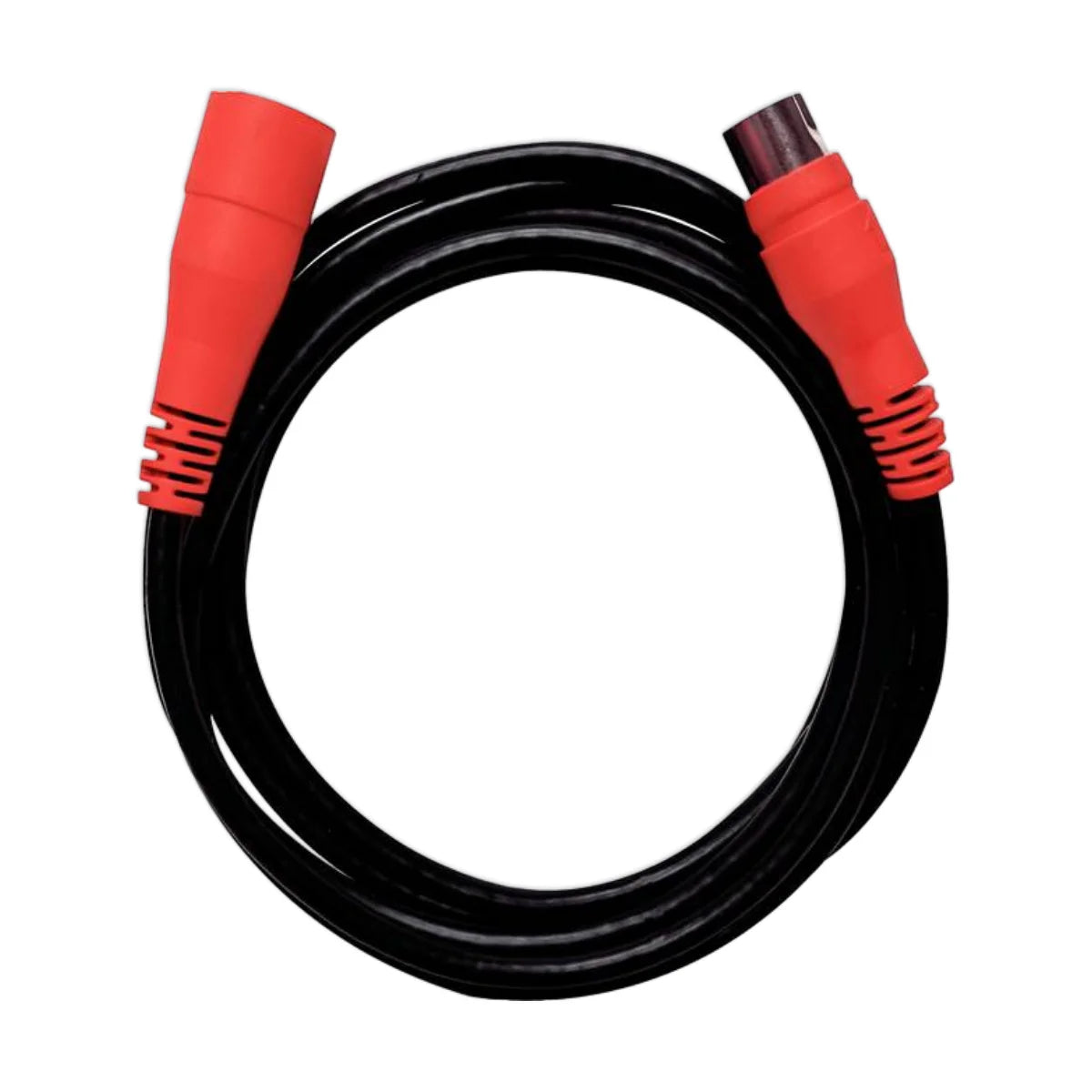 Image of a coil of wire with red connectors on the ends on a white background.