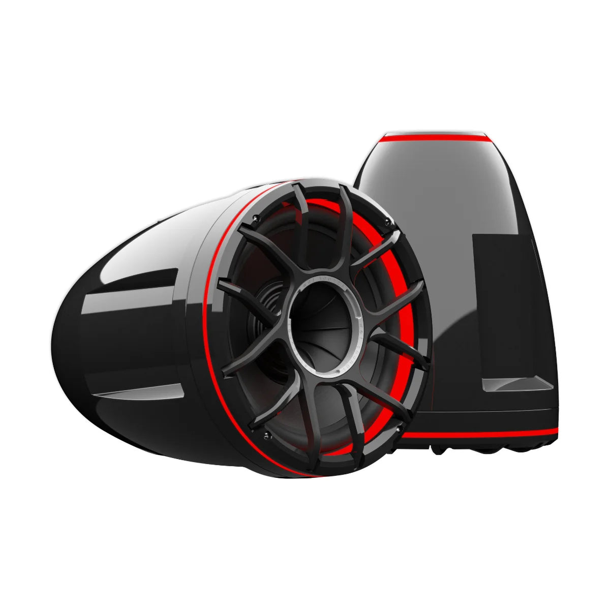 Image of a pair of marine tower speakers on a white background.