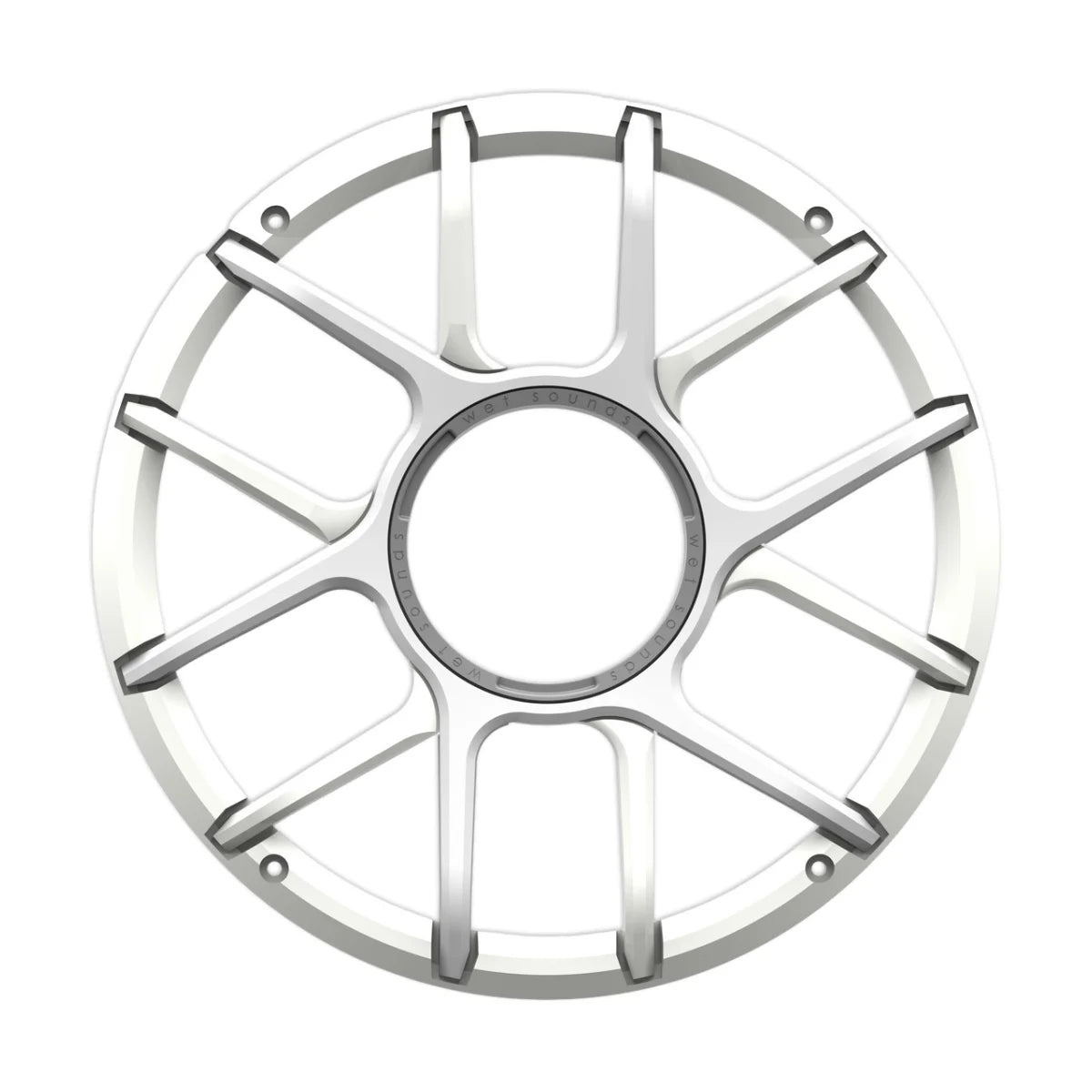 Image of a white speaker grille on a white background.