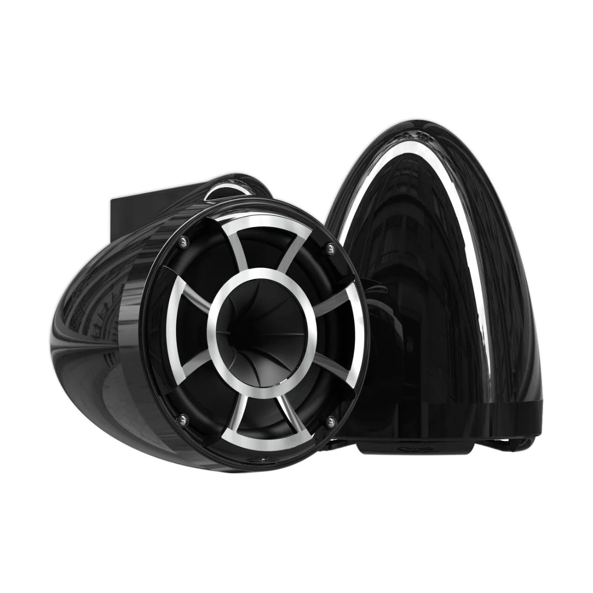 Image of a pair of marine tower speakers on a white background.