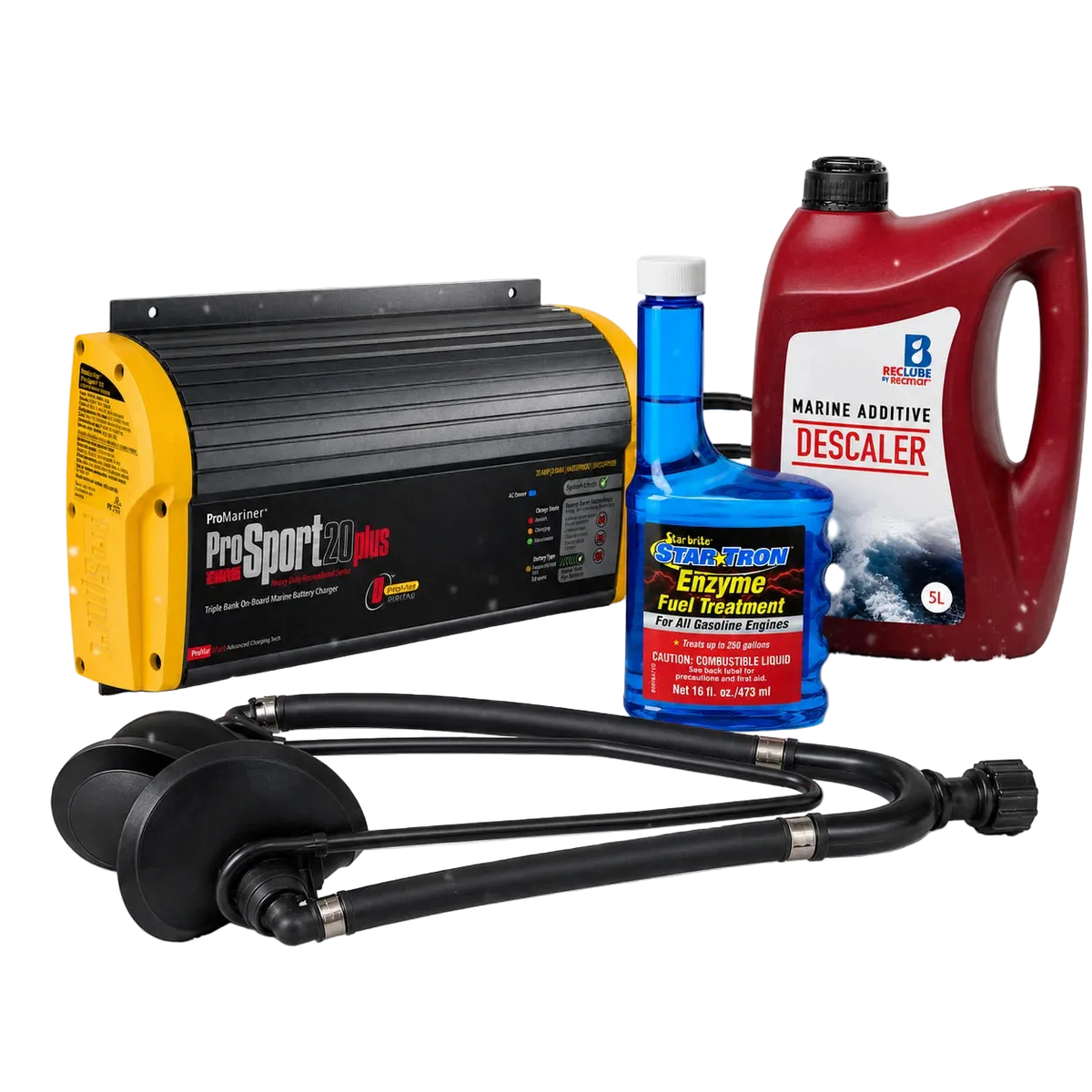 Marine battery charger, fuel additive, and cleaning product on a white background