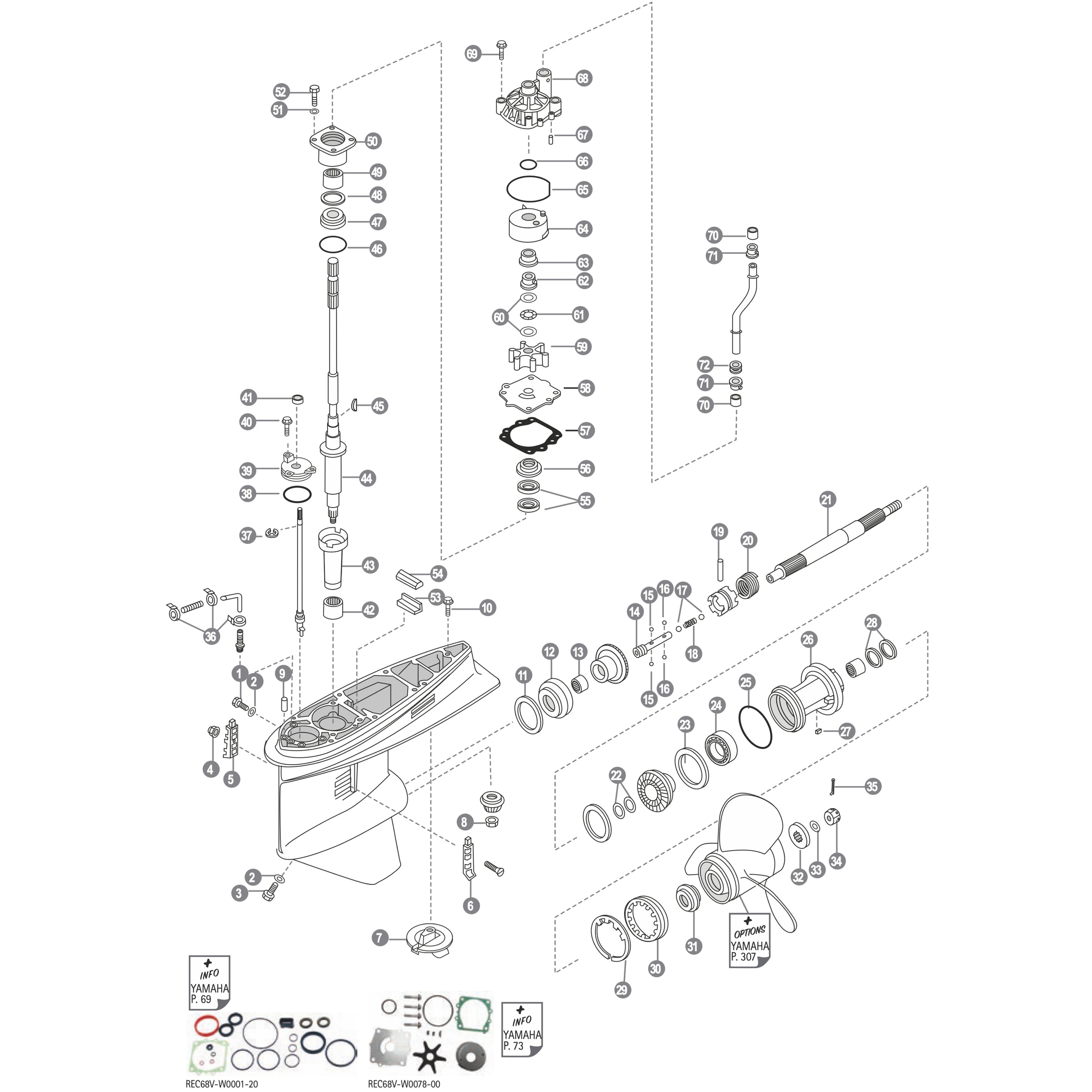 Yamaha F115A / T / B / F130A gearcase and water pump parts exploded diagram