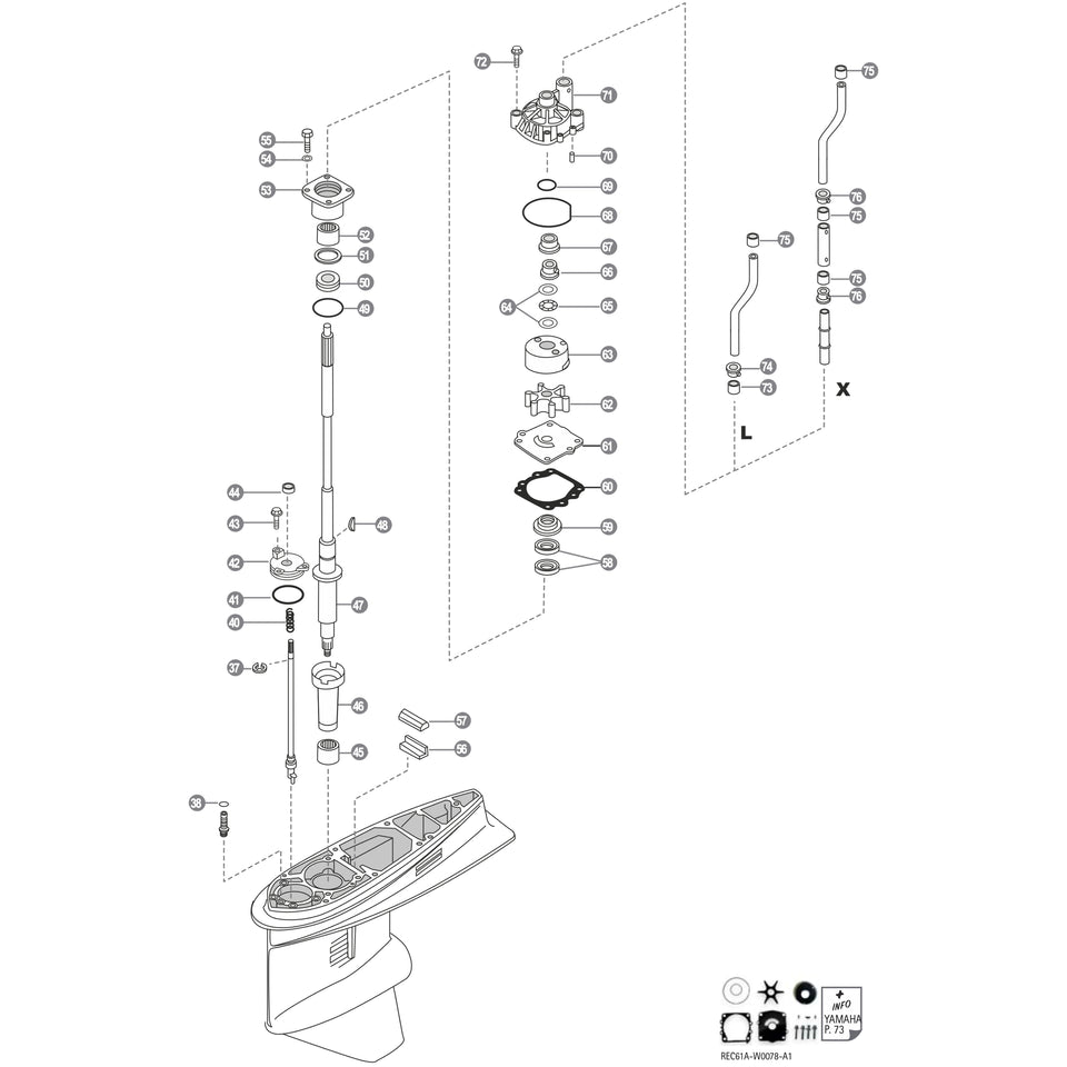 Yamaha F150A / F175A / F200F gearcase and water pump parts exploded diagram
