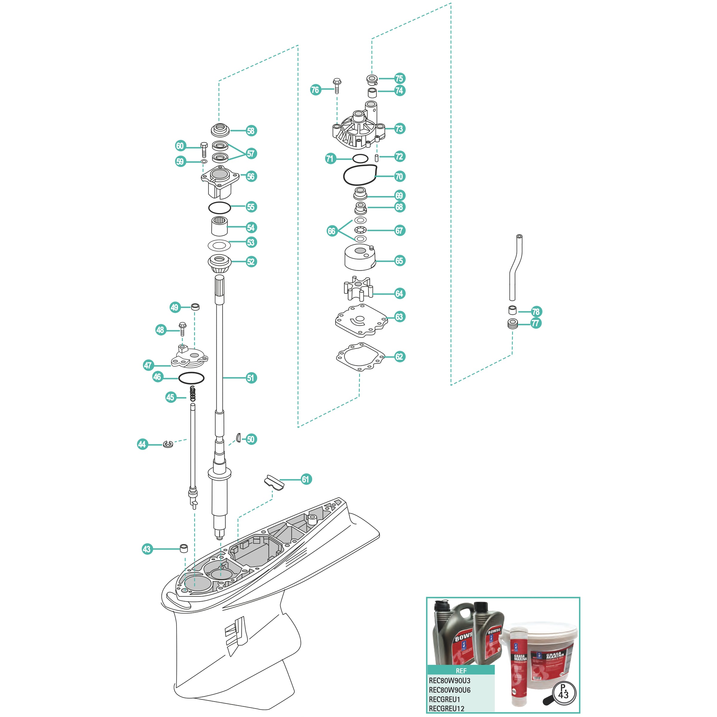 Yamaha F200A / T / C / F225A / T / B gearcase and water pump parts exploded diagram