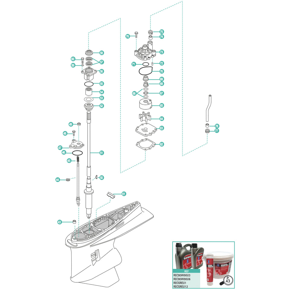 Yamaha F200A / T / C / F225A / T / B gearcase and water pump parts exploded diagram
