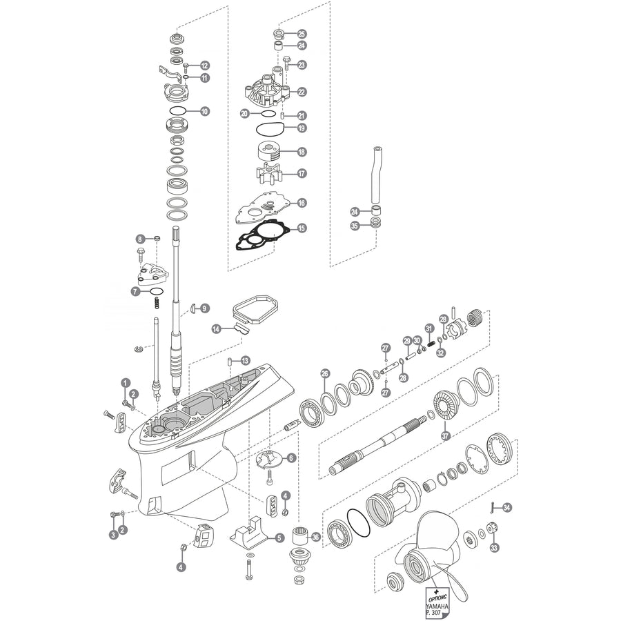 Yamaha F300A / F350A gearcase and water pump parts exploded diagram
