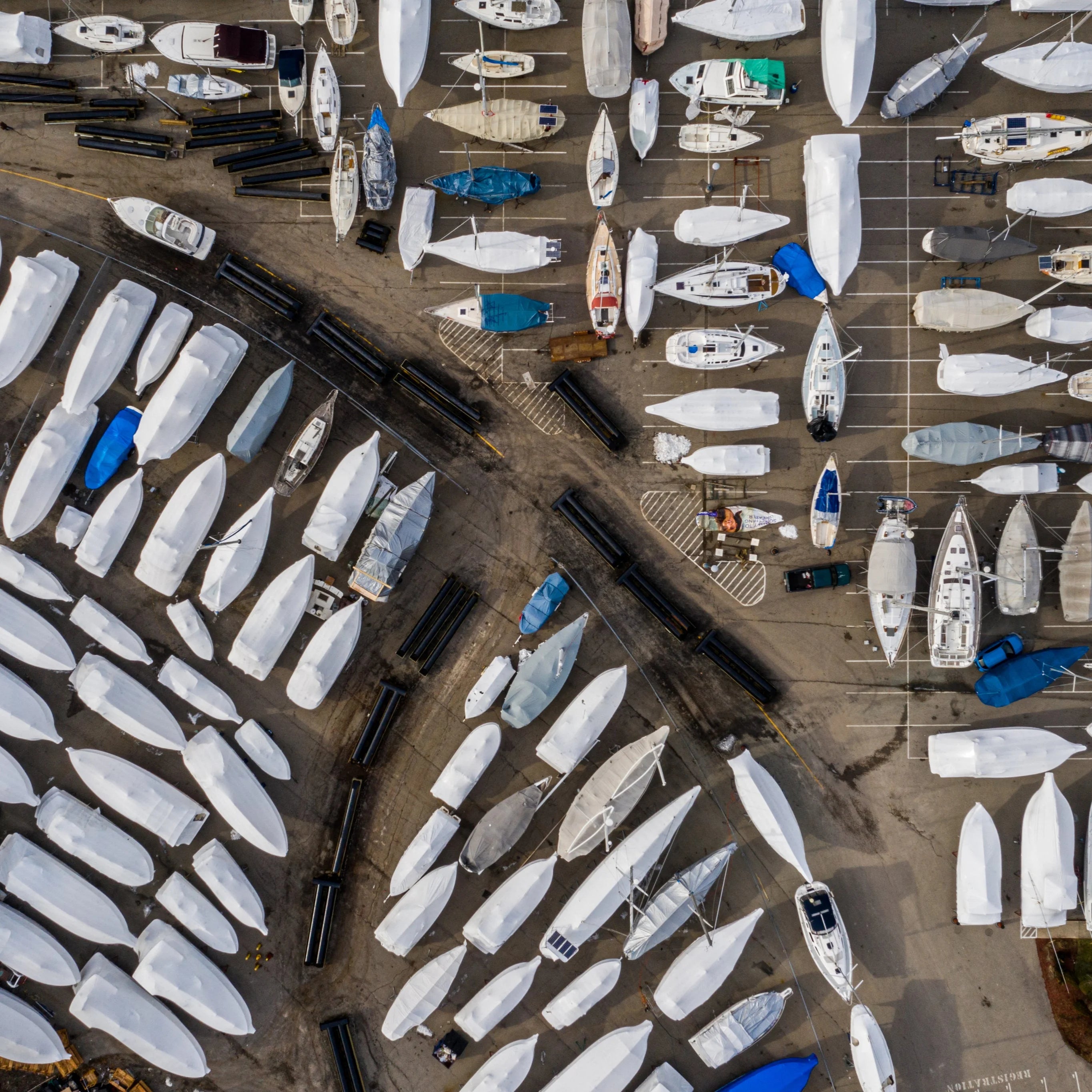 Ariel image looking down onto a packed boat yard.