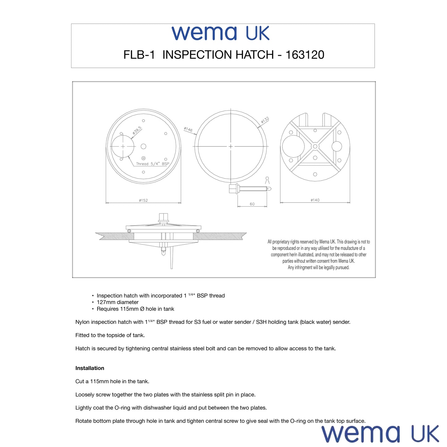 FLB-1 Inspection Hatch with Sender Fitting | Wema UK | SKU 163120 - Wema UK marine part