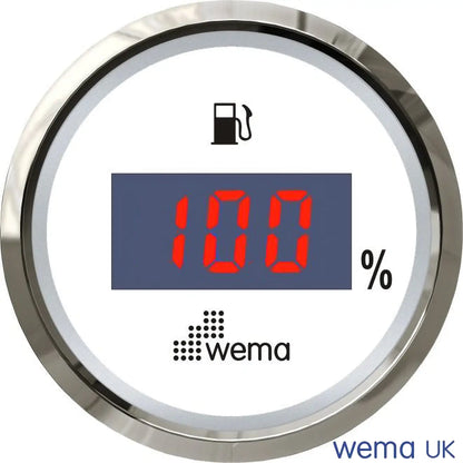 Fuel Level Digital Gauge - 0-190 Ohm | Wema UK | SKUs 110602+ - White, Stainless, European (0-190ohms) - Wema UK marine part