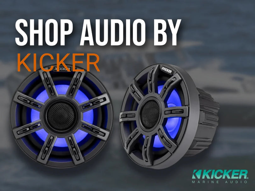 Promotional ad image to shop Kicker marine audio.
