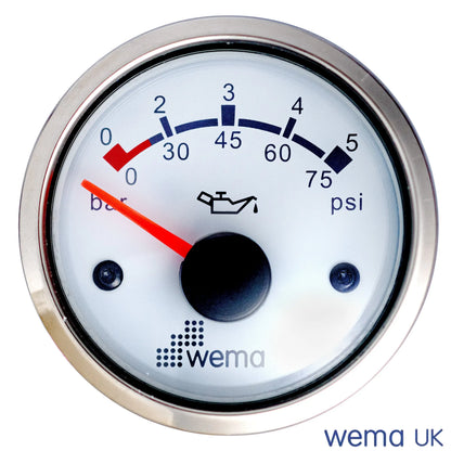 Oil Pressure Gauge | Wema UK | SKUs 110674+ - White, Stainless, 0-5 Bar - Wema UK marine part