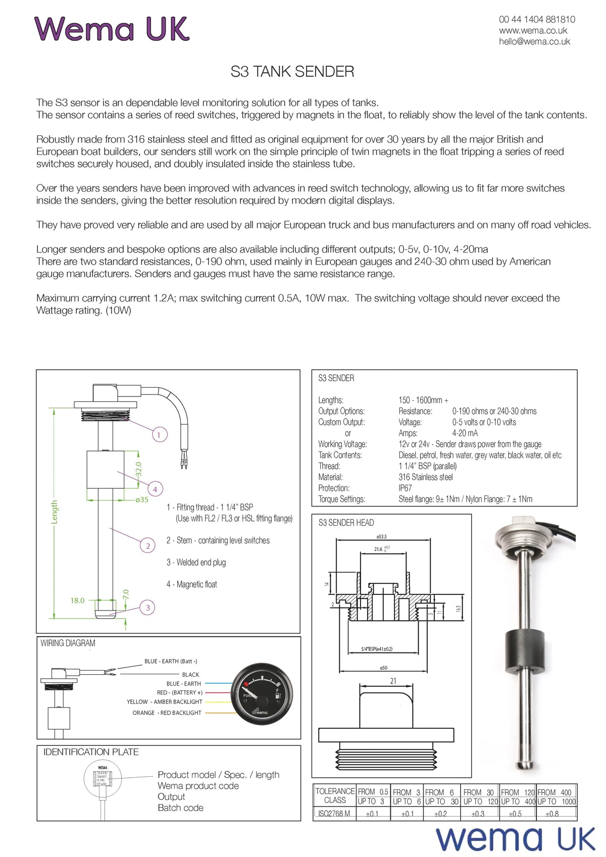 S3 Fuel and Water Sender - 0-190/240-30 Ohm | Wema UK | SKUs 126710-A+ - Wema UK marine part