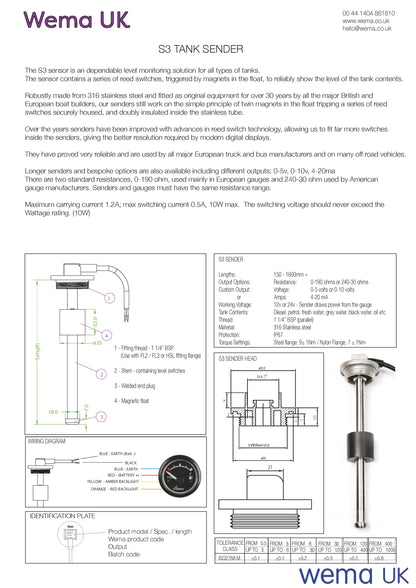 S3 Fuel and Water Sender - 0-190/240-30 Ohm | Wema UK | SKUs 126710-A+ - Wema UK marine part