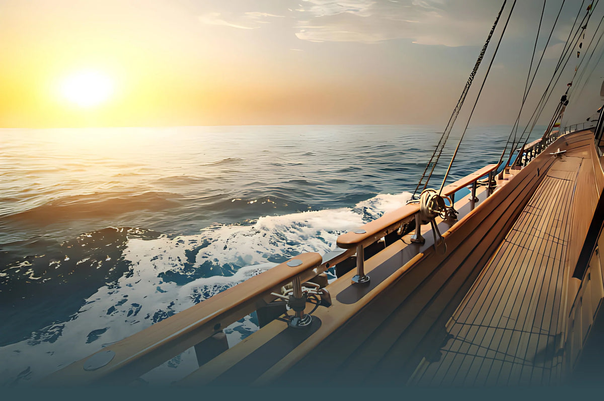 Illustration of a cartoon wooden boat on the seat at sunset.