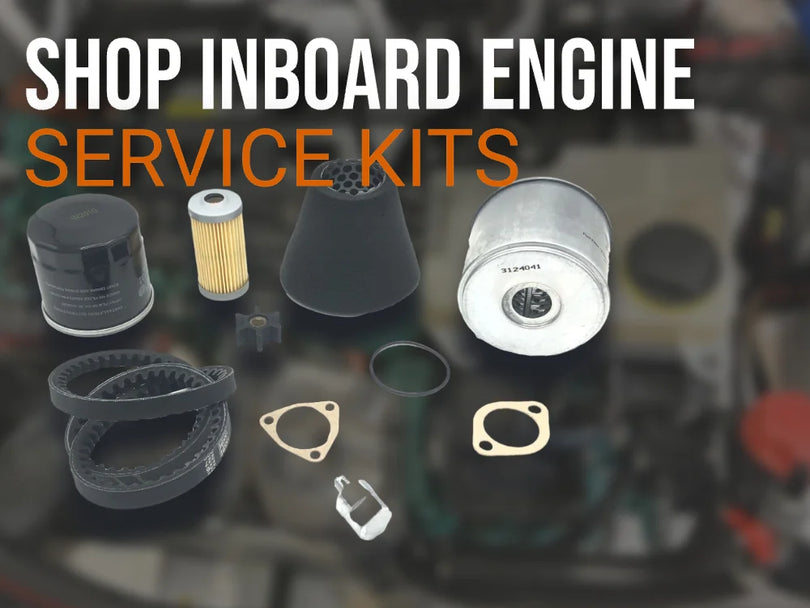 Promotional ad image to shop inboard engine service kits.