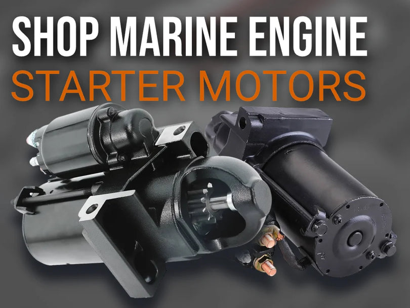 Promotional ad image to shop marine engine starter motors.