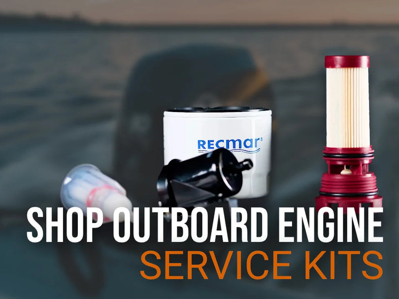 Promotional ad image to shop outboard engine service kits.