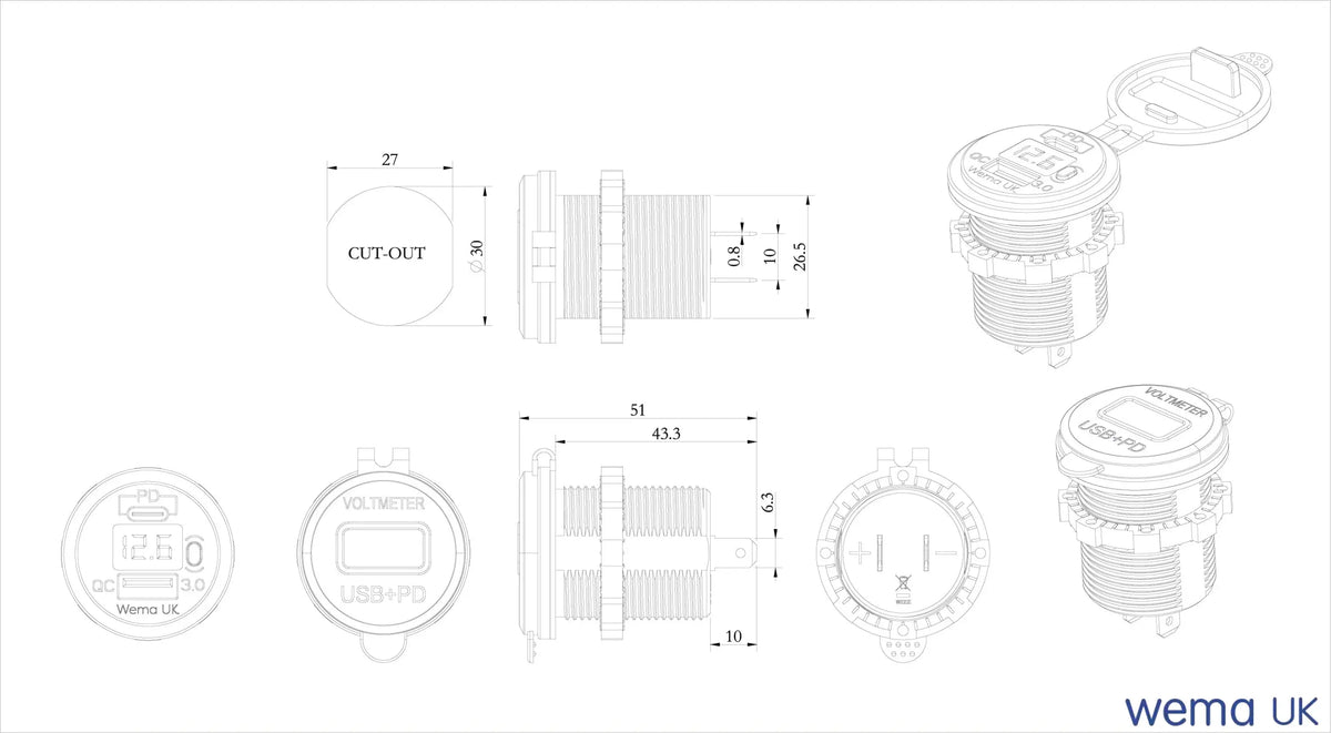 USB Charging Port & Voltmeter | Wema UK | SKU WUPD3USB - Wema UK marine part